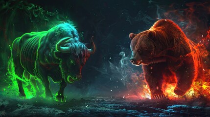 Neon duel Bull vs Bear symbolizing stock market trends with energy and intensity
