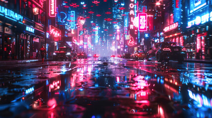 Vibrant city street with neon signs and a wet road reflecting colorful lights, capturing the energetic nightlife and futuristic vibe of urban life.