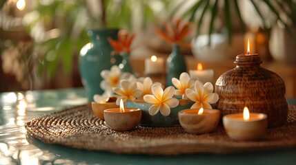 Obraz premium Lit candles and frangipani flowers on a wicker mat create a serene and calming ambiance.