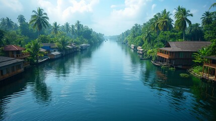 A serene tropical river lined with wooden houses and lush, green vegetation under a clear sky.