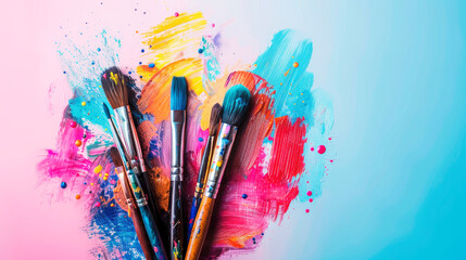 A vibrant and dynamic image of paintbrushes with colorful paint splashes, representing artistic creativity, inspiration, and the joy of painting.