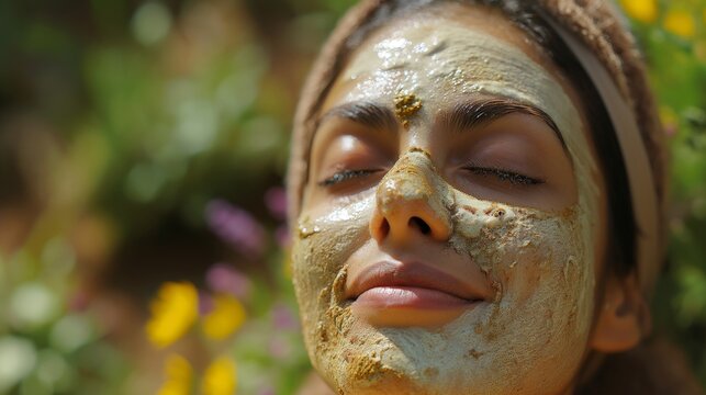 A woman enjoys a refreshing face mask while relaxing in a serene, flower-filled natural environment.