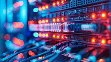 A close-up view of server cables and hardware components in a data center, showcasing the vibrant and intricate setup essential for modern networking.