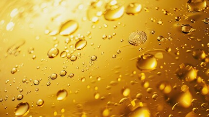 Condensation water or beer droplets on glass yellow background. Rain drops on window, abstract wet texture, cold juice or champagne alcohol beverage in wineglass. AI generated illustration
