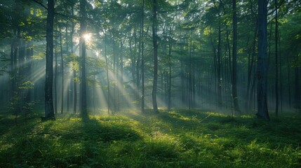 Beautiful nature at morning in the misty spring forest with sun