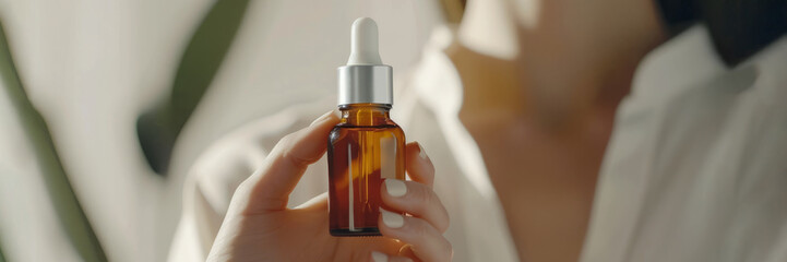 Banner open serum bottle in womans hands side view. The concept of natural cosmetics, body care, spa treatments.