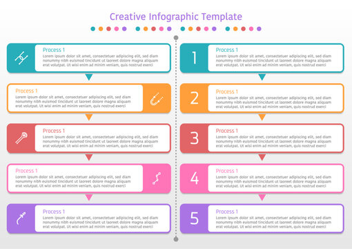Creative infographic template, two sets of simple five colorful geometric banners, with text frame and symbols