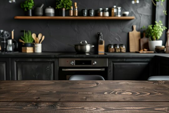 An empty wooden table on dark kitchen, a simple blur dark stylish background