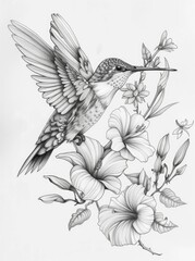 Obraz premium Pencil sketch of a hummingbird hovering around blooming flowers in detail.