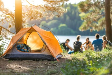 Happy campers enjoying a fun evening setting up tents and campfire in the forest