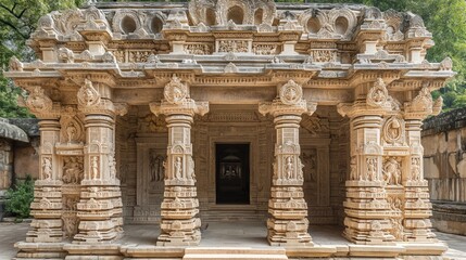 Ancient temple with intricate stone carvings and ornate columns, showcasing rich historic craftsmanship.