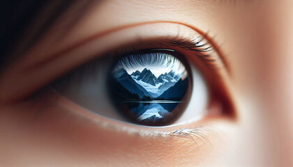 Naklejka premium Close up of refection of mountain in a person's eye