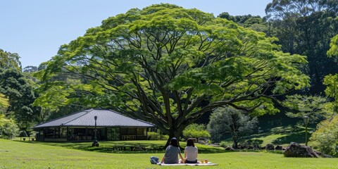 Obraz premium Serene Picnic for Two: Couple Enjoying a Relaxing Moment Under a Majestic Tree