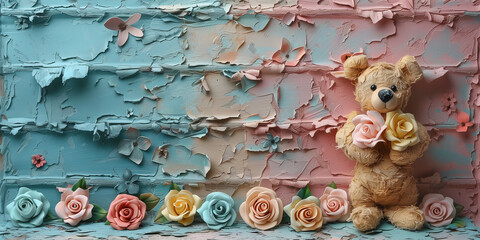 Fototapeta premium Teddy bear with flowers on a wooden surface and textured blue pink background. Ideal for greeting cards. Space for text, suitable for baby birth announcements. Valentine's Day