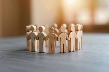 Group of wooden human figures standing in a circle representing teamwork, unity, and community on a blurred background indoors. - Powered by Adobe