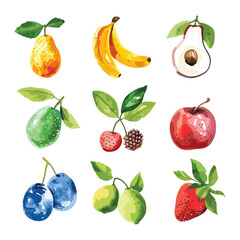 Obraz premium Watercolor Illustration of Colorful Fruits, Isolated on White Background