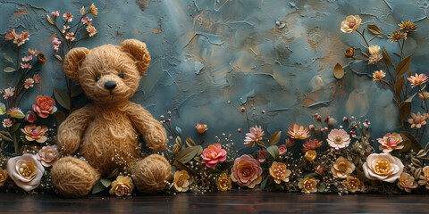 Brown Teddy Bear  on a textured blue background. Mother's Day, Valentine's Day. This is a boy girl. Birthday greeting card. Parenthood concept. Congratulation concept