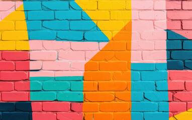Naklejka premium Vibrant and colorful geometric mural painted on a brick wall, featuring bold shapes and bright hues, creating a lively and artistic urban scene.