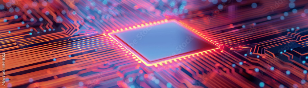 Poster close-up of a futuristic glowing microchip with intricate circuitry, highlighting advanced technolog