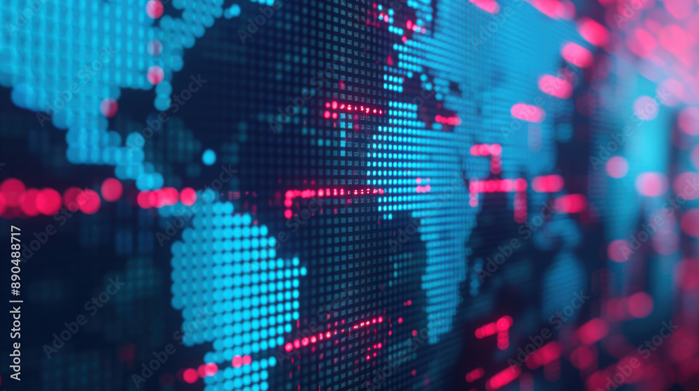 Poster close-up of a digital world map with glowing data points in blue and red, symbolizing global connect