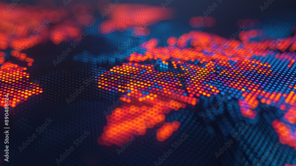 Poster colorful abstract digital world map with glowing dots and lines representing global data networks an