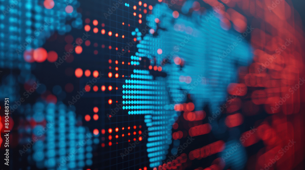 Poster digital world map with red and blue pixels representing data visualization, network connection, and 