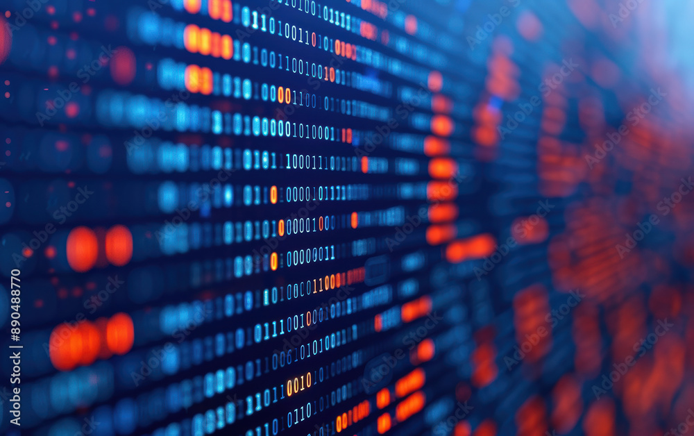Poster abstract digital binary code pattern in blue and orange, representing data, technology, and online c