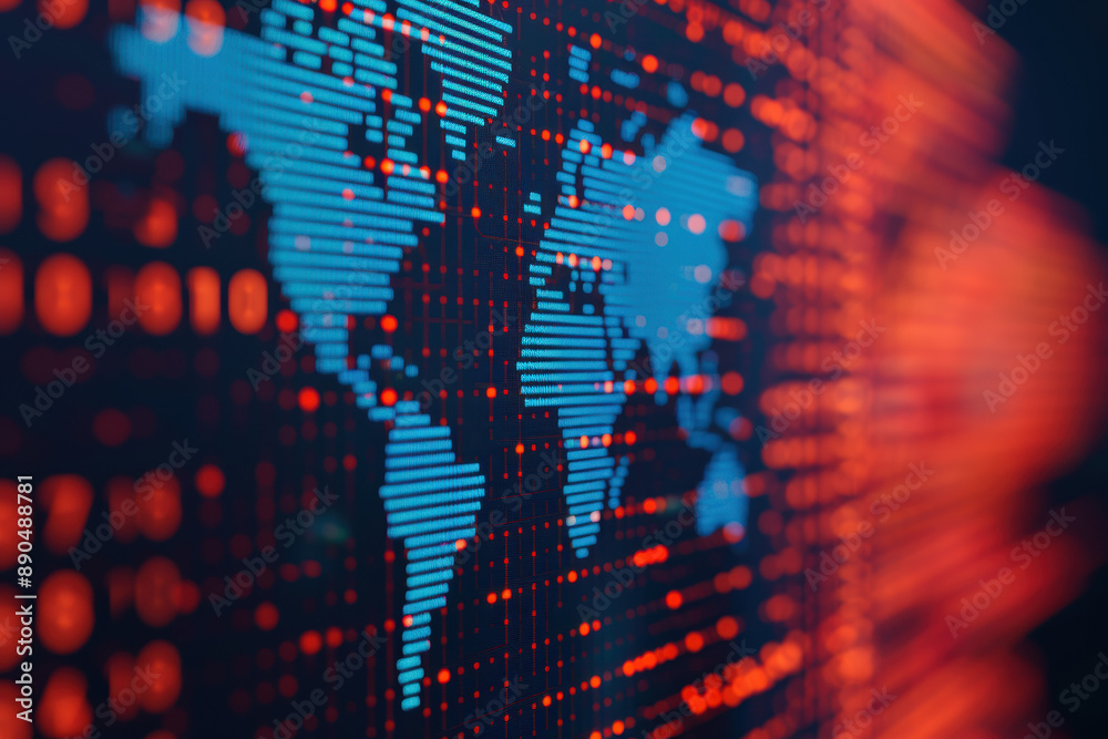 Poster digital world map with abstract lines representing global data networks and technology, highlighting