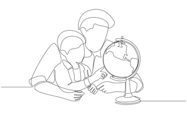 Continuous one line drawing of father and son exploring map on globe, raising and educating children concept, single line art.