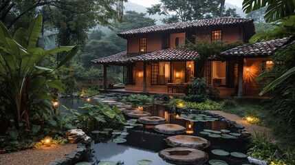 Obraz premium Rustic house surrounded by lush greenery, featuring a serene pond with stone pathway and lanterns.