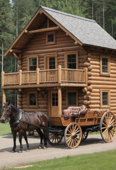 Fototapeta premium A log cabin built by American pioneers, with a horse-drawn carriage parked outside. 
