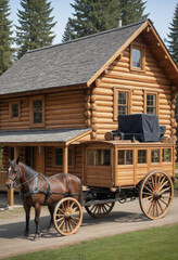  A log cabin built by American pioneers, with a horse-drawn carriage parked outside. 