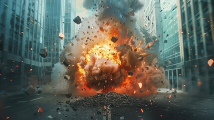 A large explosion in a city with a lot of debris and smoke. Scene is chaotic and destructive