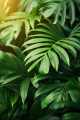 Close-up of vibrant green monstera leaves illuminated by sunlight, showcasing the lush, tropical foliage in a natural garden setting.