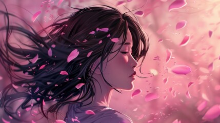 Cute girl with flying petals, anime style