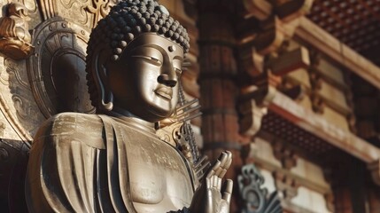 Fototapeta premium A statue of a Buddha with a serene expression. The statue is made of bronze and is placed in front of a building