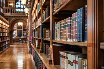 Bookshelves full of books in the library. Wooden shelves with huge pile of different books