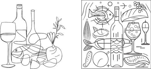 Obraz premium Modern illustration showing fresh vegetables, fruits, fish, bread, cheese, and meat in continuous line style.
