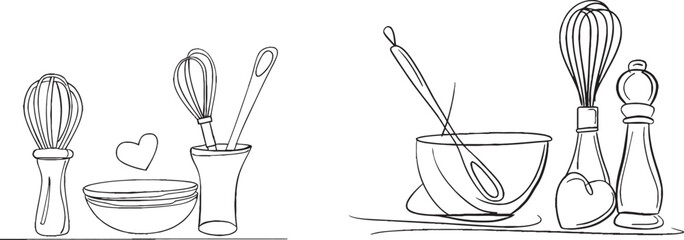 A continuous one-line illustration of kitchen tools.