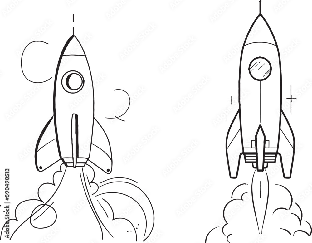 Poster in this single line illustration, a retro spaceship flies upwards. a rocket launches it into space. 