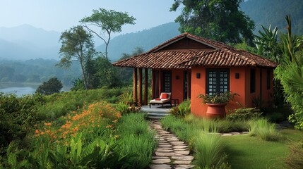 Cozy orange cottage with a stone path and lush garden, set against scenic mountains and greenery.
