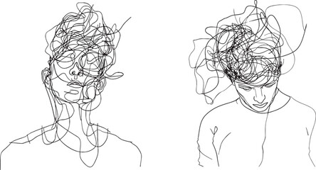 In doodle style, one line drawing of man's head with messy thoughts worried about mental health. Stress, headache, grief and problems concept.
