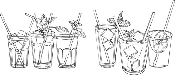 Obraz premium Drinks of lemonade, mojito, or cocktail with water in glasses. Continuous line drawings. Frame border.