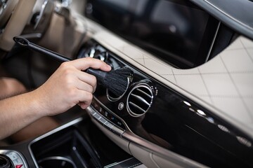 Obraz premium Detailing interior car dashboard using brush, ensuring thorough cleaning and high-quality finish. Focus on precision and cleanliness in professional auto detailing