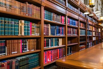 Bookshelves full of books in the library. Wooden shelves with huge pile of different books