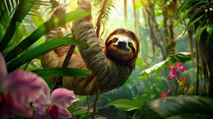 A brown sloth is hanging from a tree branch with pink flowers in the background. The sloth appears to be happy and relaxed, enjoying the beauty of the flowers and the peacefulness of the forest