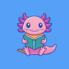 The character is a pink aquarium axolotl sits with a book