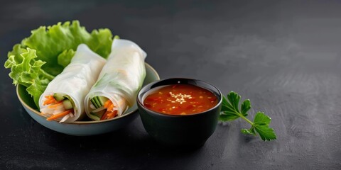 Fresh spring rolls with dipping sauce and greens.