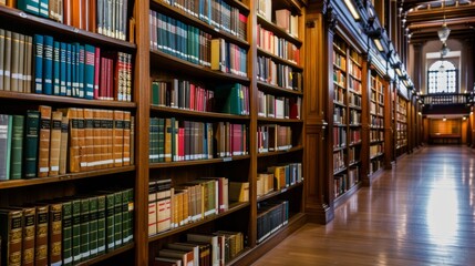 Bookshelves full of books in the library. Wooden shelves with huge pile of different books