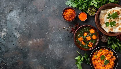Assorted variety of Indian dishes. Traditional Indian food Chicken tikka masala, palak paneer, saffron rice, lentil soup, pita bread and spices. Top view, flat lay,copy space